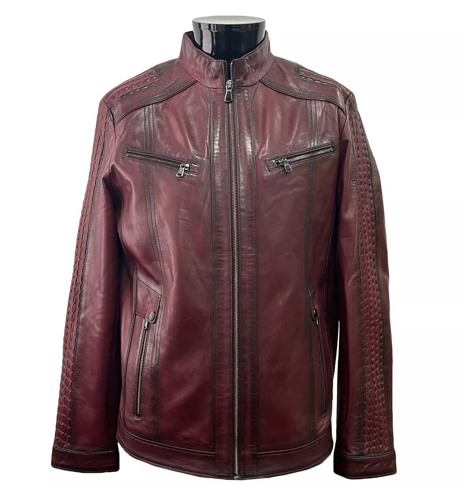 Crimson Grid – Men’s Maroon Textured Biker Leather Jacket Luxequir Vogue