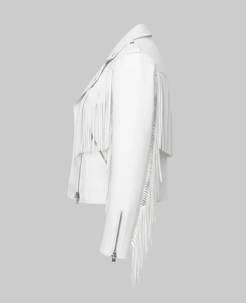 White jacket with fringe details on a white background