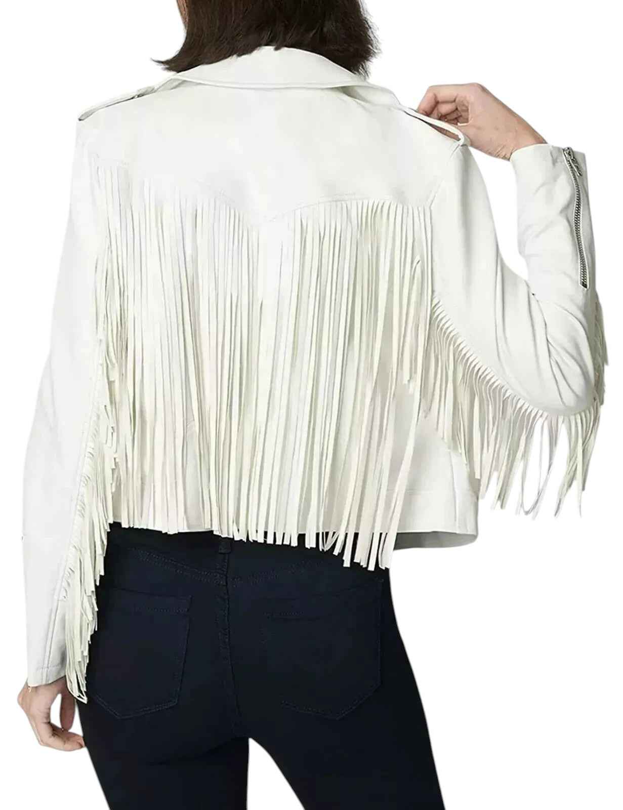 Desert Halo – Women’s White Fringe Leather Biker Jacket