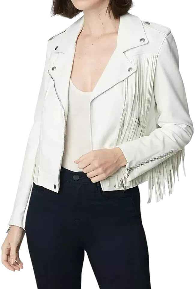 Desert Halo – Women’s White Fringe Leather Biker Jacket