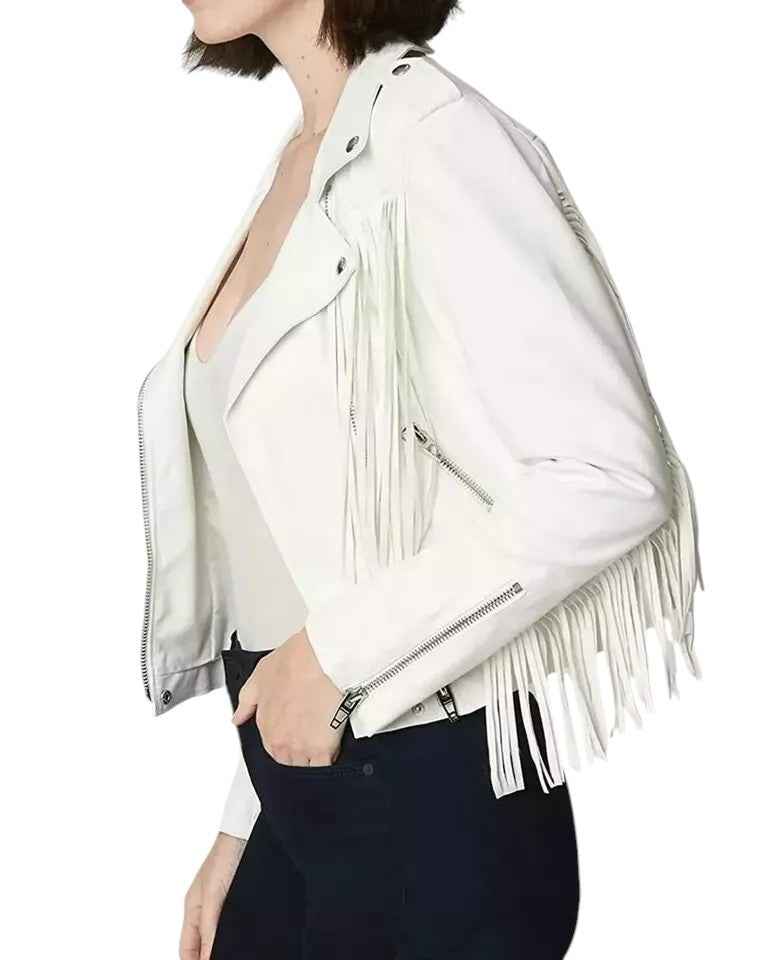 Desert Halo – Women’s White Fringe Leather Biker Jacket