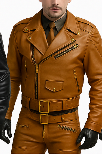 Dominion Rider – Men’s Full Cowhide Leather Biker Suit with Gold Accents Luxequir Vogue