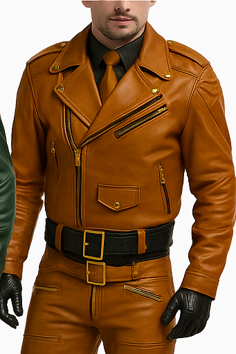 Dominion Rider – Men’s Full Cowhide Leather Biker Suit with Gold Accents Luxequir Vogue