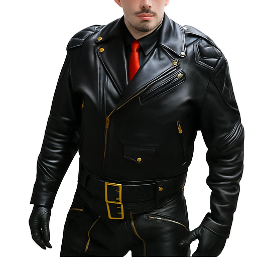 Dominion Rider – Men’s Full Cowhide Leather Biker Suit with Gold Accents Luxequir Vogue