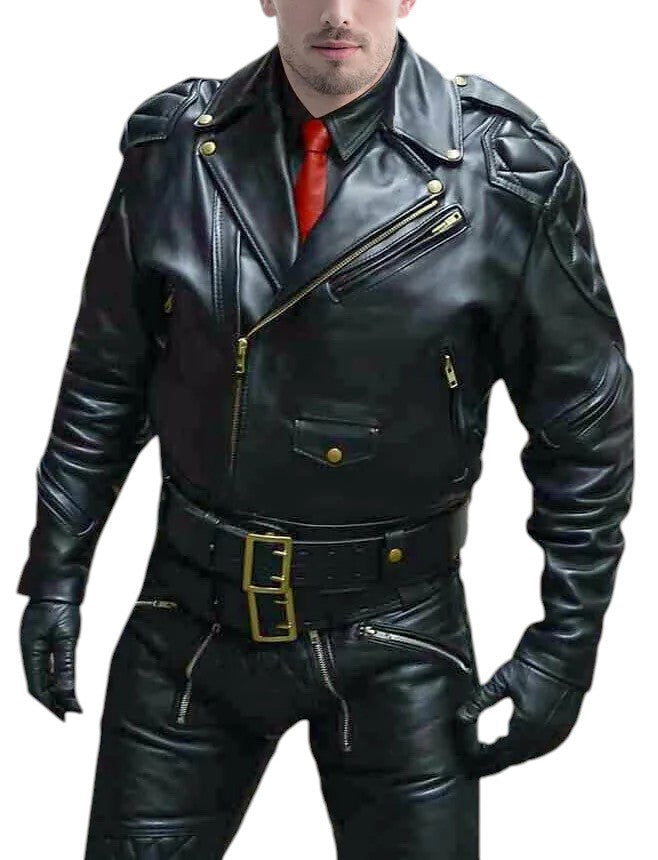 Dominion Rider – Men’s Full Cowhide Leather Biker Suit with Gold Accents Luxequir Vogue
