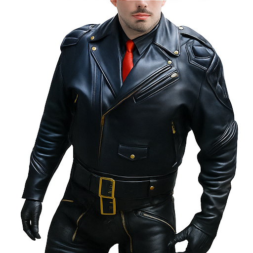 Dominion Rider – Men’s Full Cowhide Leather Biker Suit with Gold Accents Luxequir Vogue