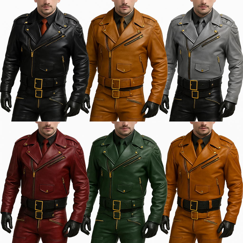 Dominion Rider – Men’s Full Cowhide Leather Biker Suit with Gold Accents Luxequir Vogue