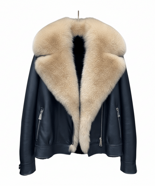 Black leather jacket with beige fur collar on a white background