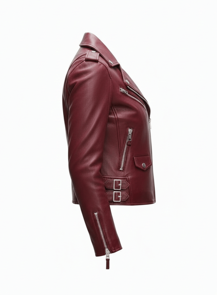 Maroon leather jacket on a white background