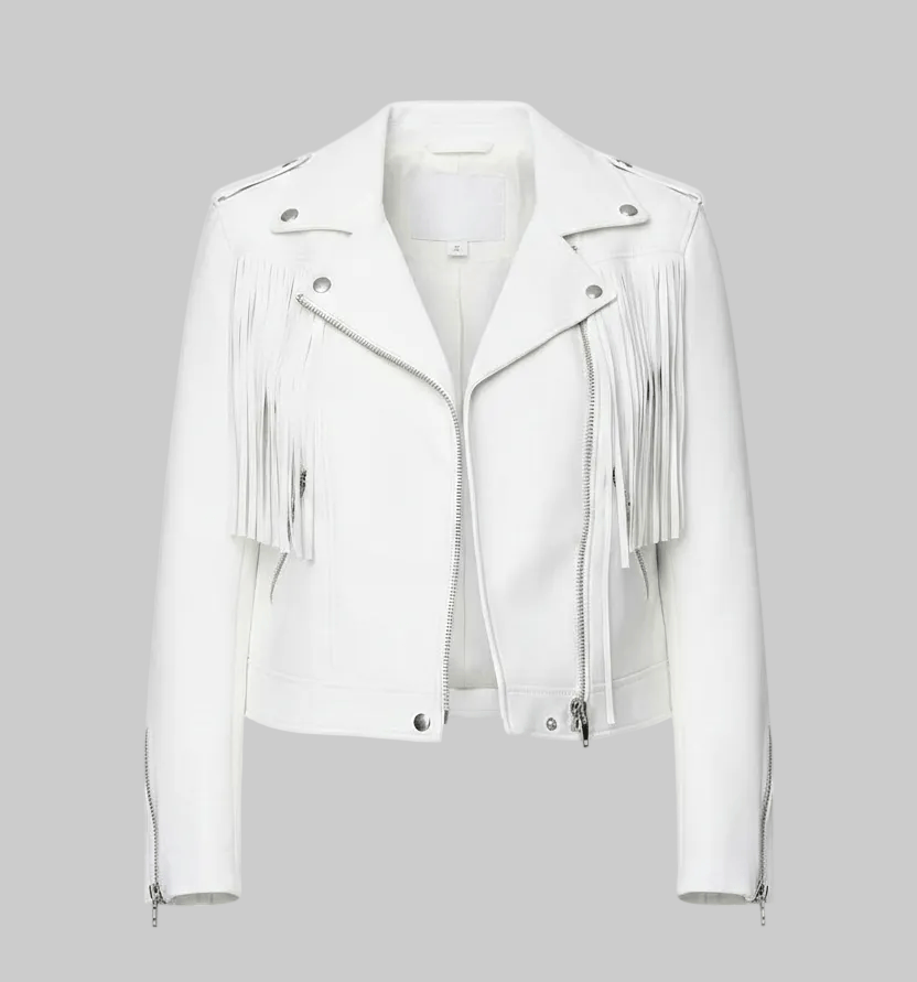 White leather jacket with fringe details on a white background