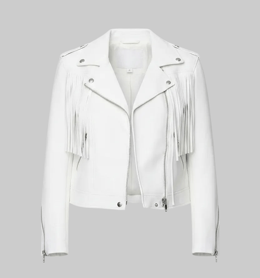 White leather jacket with fringe details on a white background