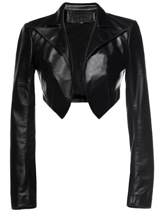 Genuine Lambskin Leather Crop Motor Bolero Shrug Jacket Slim Fit Black Jacket Luxequir Vogue