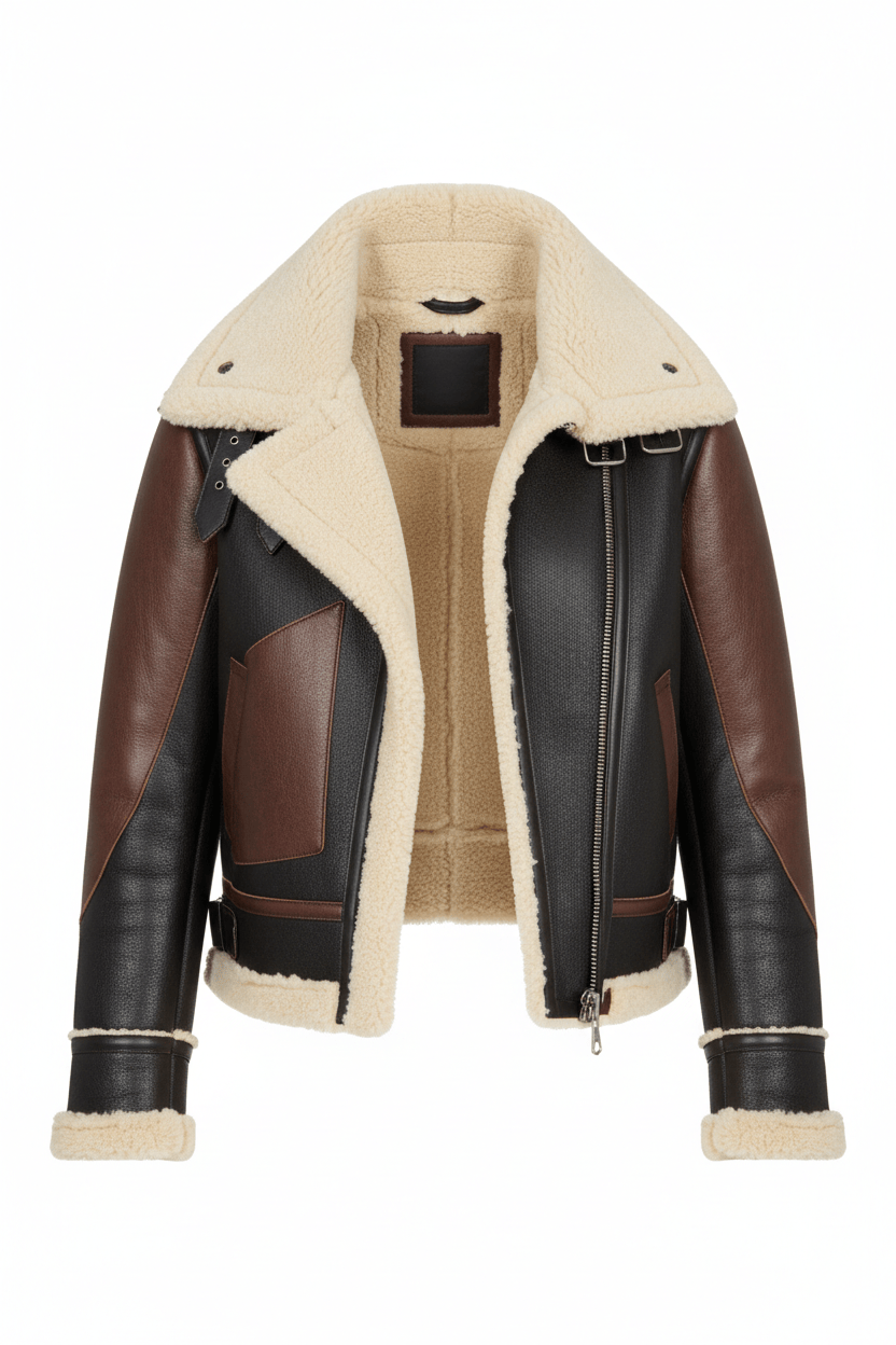 Brown leather jacket with beige shearling lining on a white background