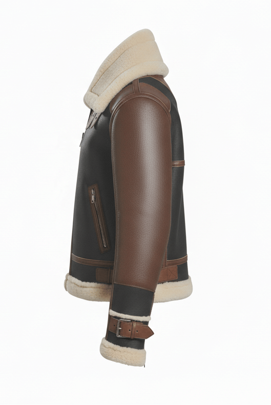 Brown leather jacket with beige fur lining on a white background