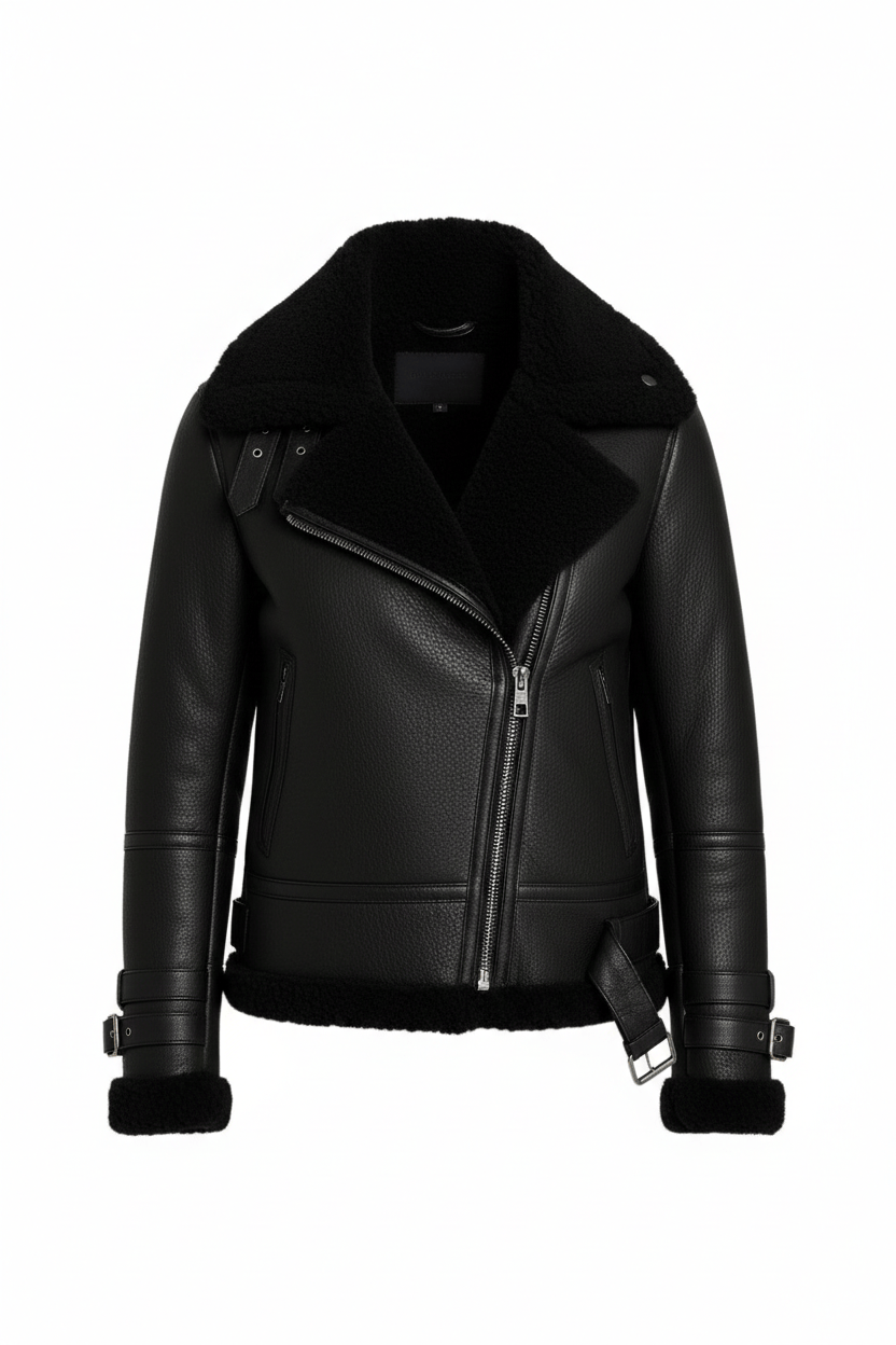 Black leather jacket with fur trim on a white background