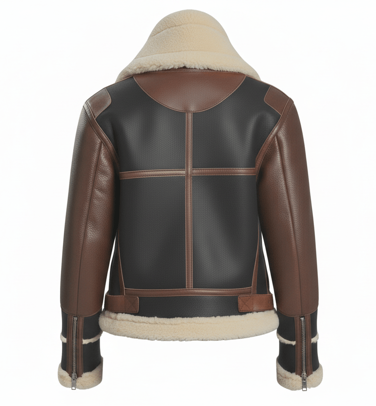Brown leather jacket with beige fur lining on a white background