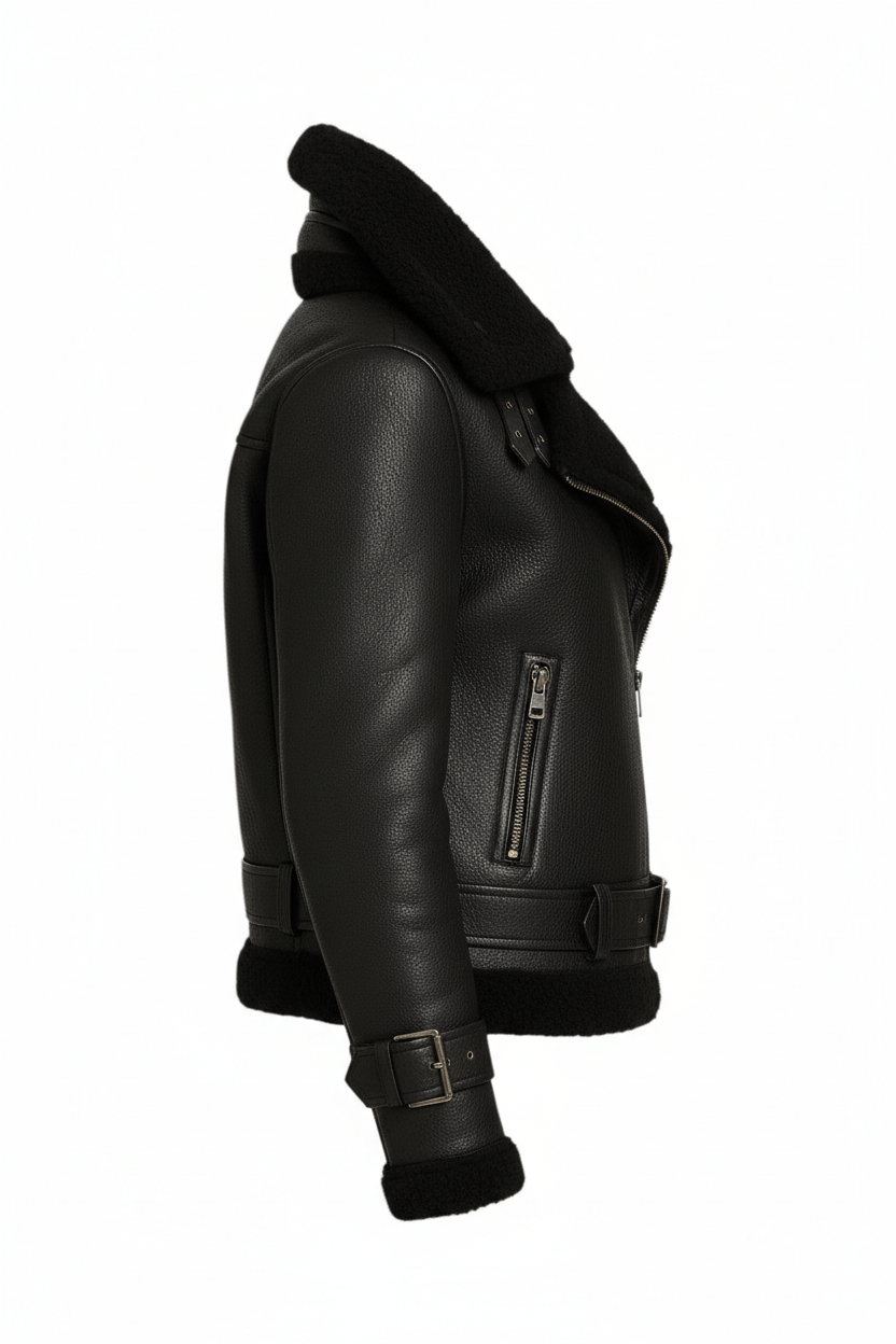 Black leather jacket with fur hood on a white background