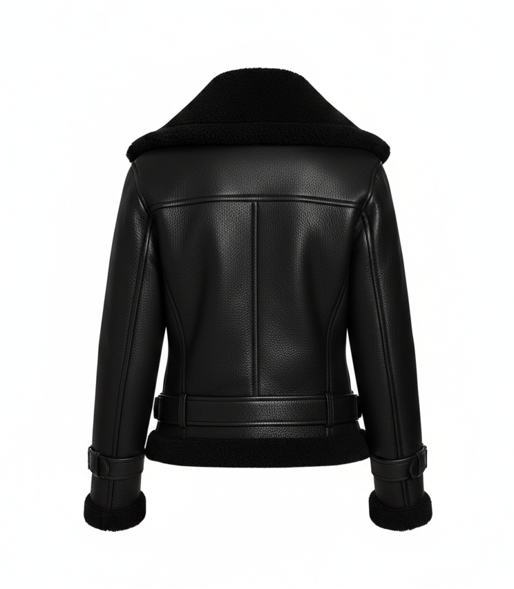 Black leather jacket with shearling collar on a white background