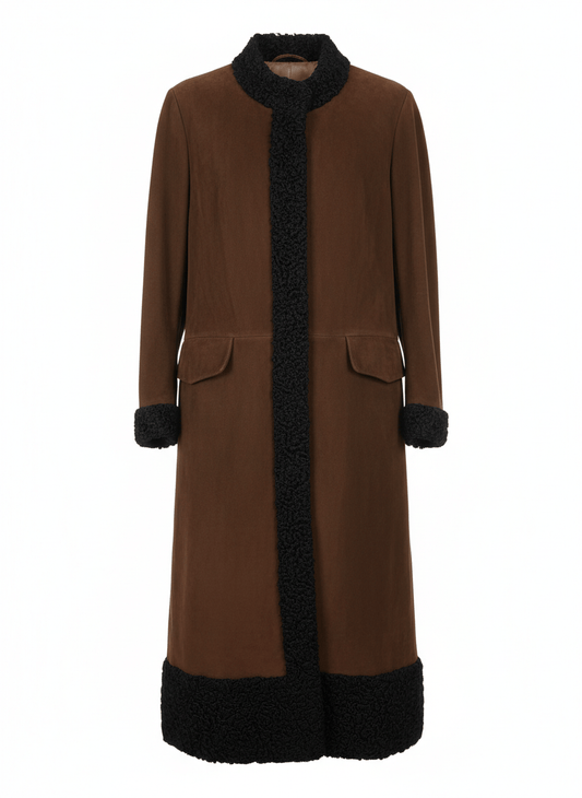 Brown coat with black fur trim on a white background