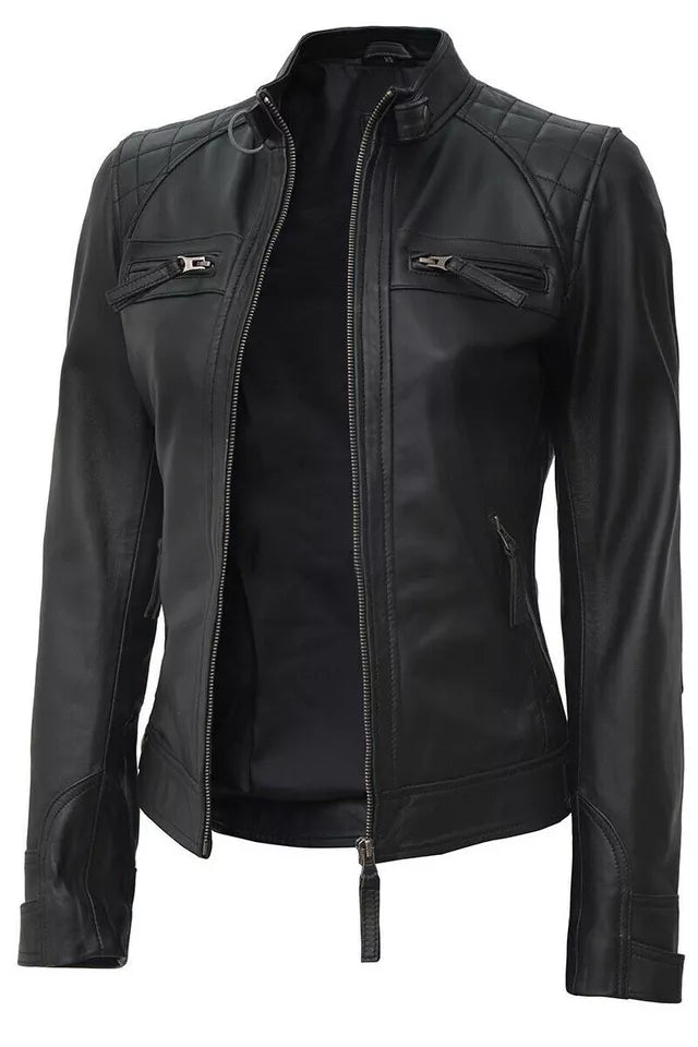 Ladies Women's Black Slim Fit Biker Lambskin Leather Designer Soft Leather Jacket Luxequir Vogue