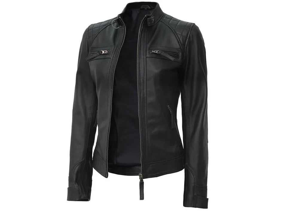 Ladies Women's Black Slim Fit Biker Lambskin Leather Designer Soft Leather Jacket Luxequir Vogue