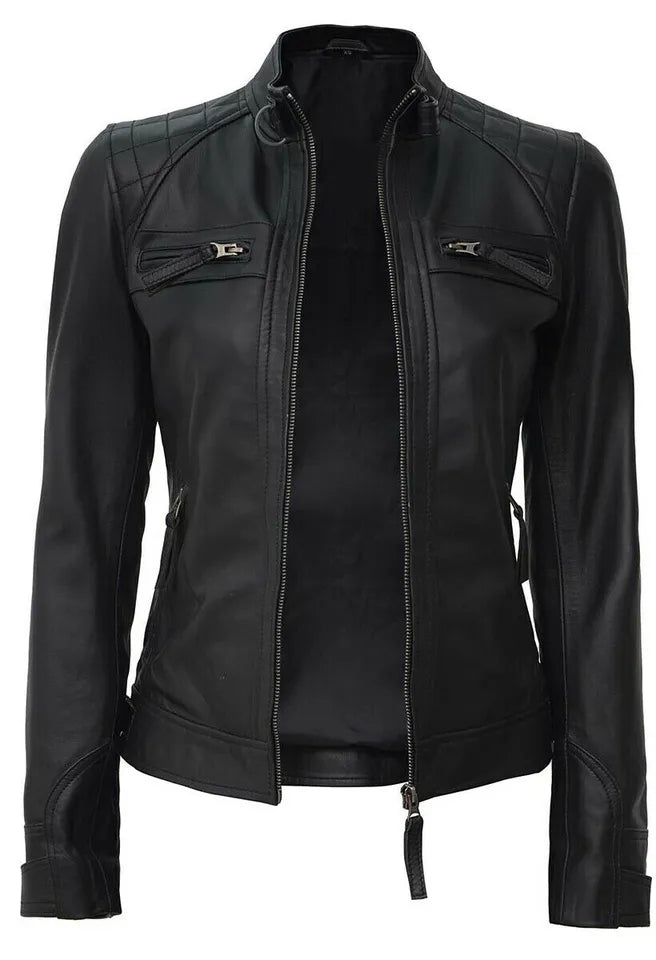 Ladies Women's Black Slim Fit Biker Lambskin Leather Designer Soft Leather Jacket Luxequir Vogue