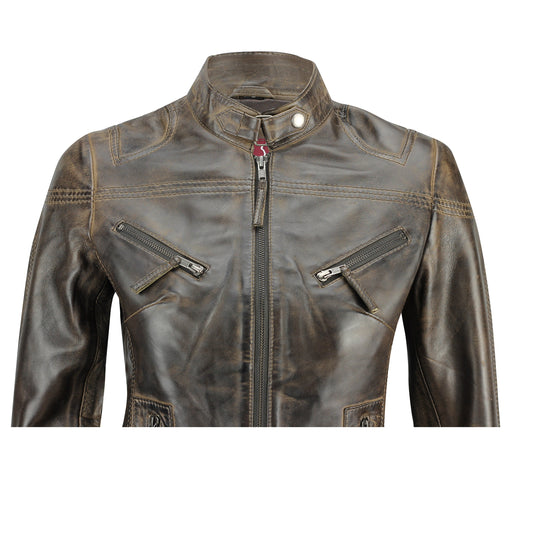 Ladies Women's Genuine Real Leather Vintage Slim Fit Biker Jacket Luxequir Vogue