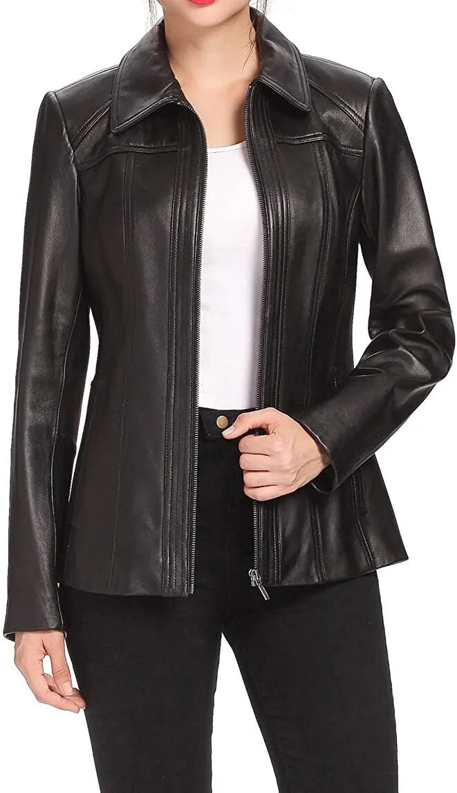Linea Luxe – Women’s Longline Leather Jacket Luxequir Vogue