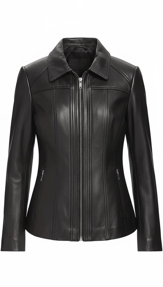 Black leather jacket on a white background