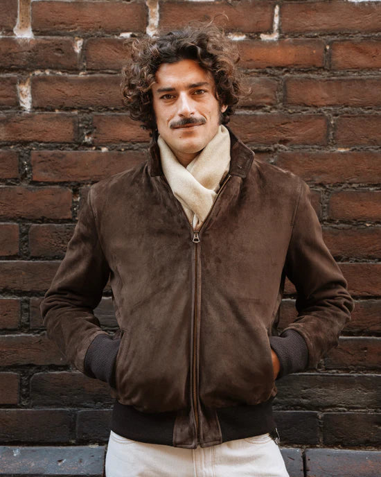 Luxequir “Valente Suede Moto-Bomber” Jacket – Rustic Walnut Brown Luxequir Vogue