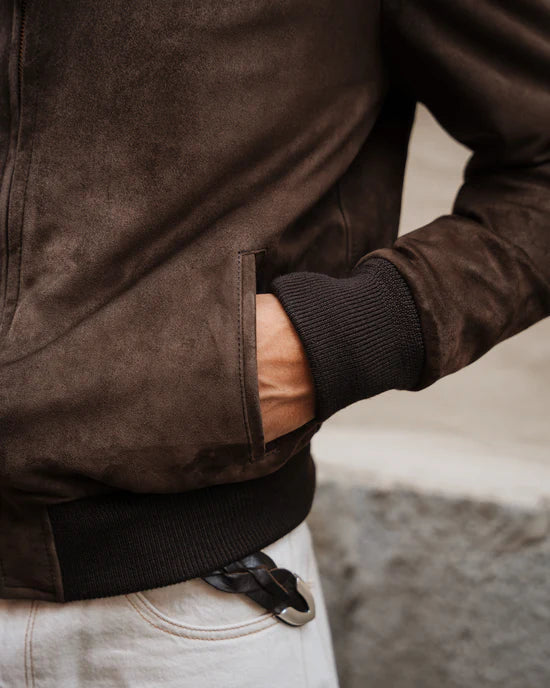 Luxequir “Valente Suede Moto-Bomber” Jacket – Rustic Walnut Brown Luxequir Vogue