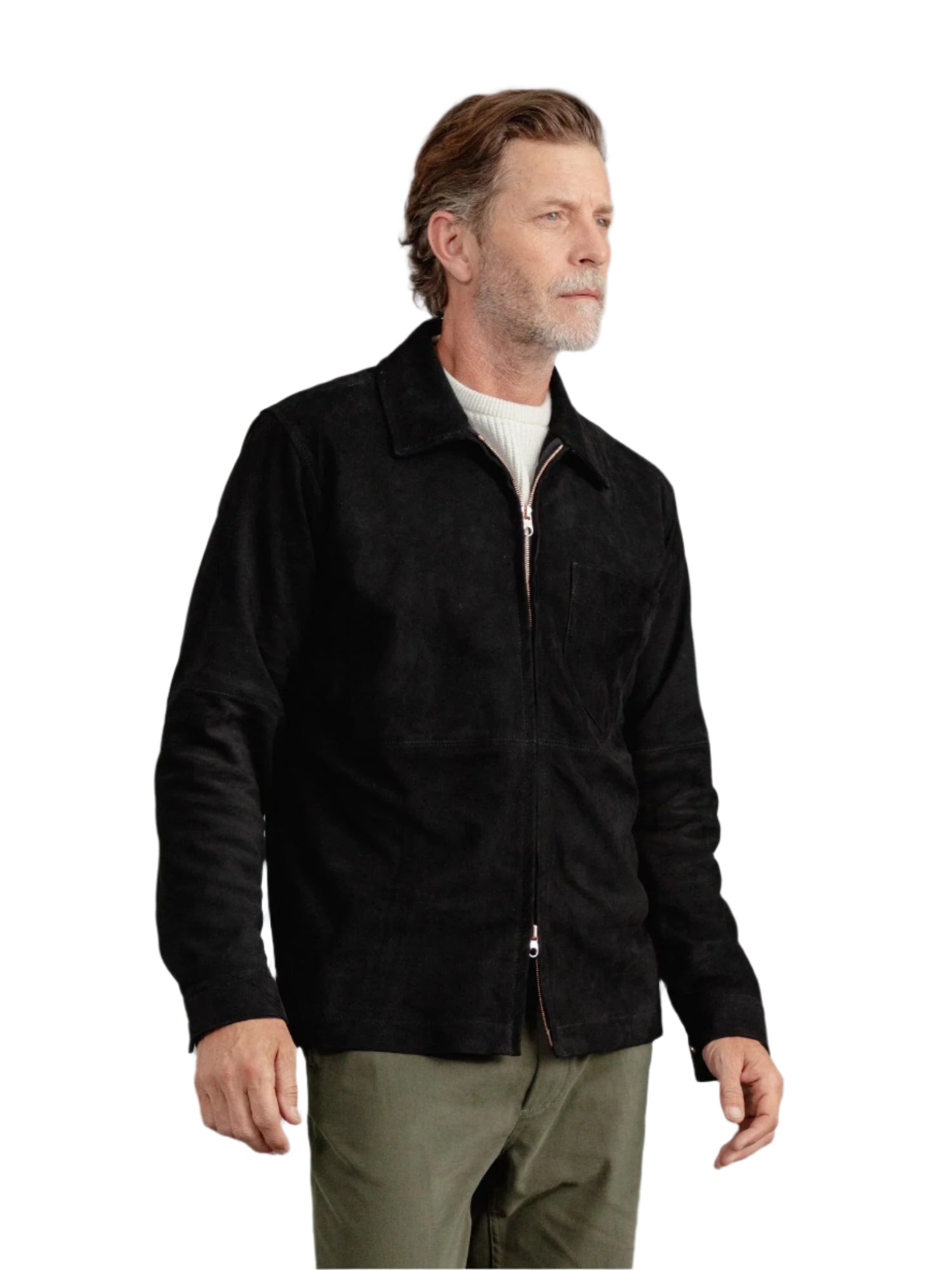 Monarch Panel – Men’s Black Suede Overshirt with Polished Copper Details Luxequir Vogue