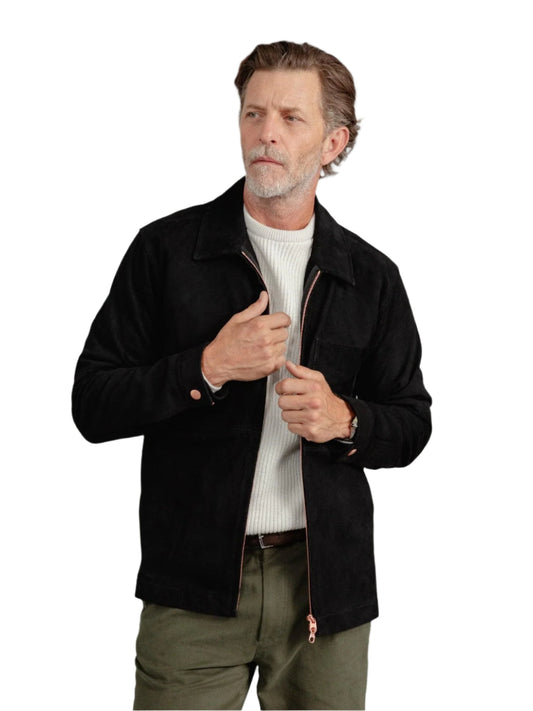 Monarch Panel – Men’s Black Suede Overshirt with Polished Copper Details Luxequir Vogue