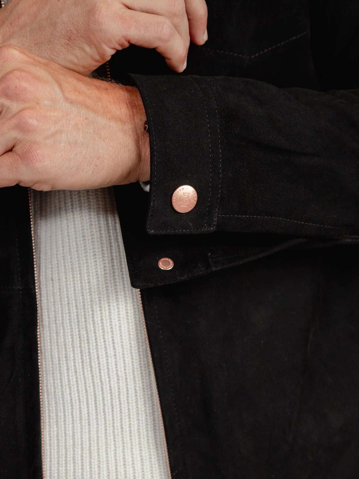 Monarch Panel – Men’s Black Suede Overshirt with Polished Copper Details Luxequir Vogue