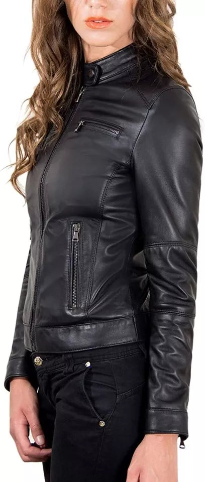 Woman wearing black genuine lambskin leather biker jacket with zip pockets and snap-button collar