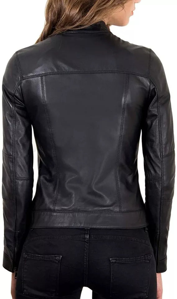 Woman wearing black genuine lambskin leather biker jacket with zip pockets and snap-button collar