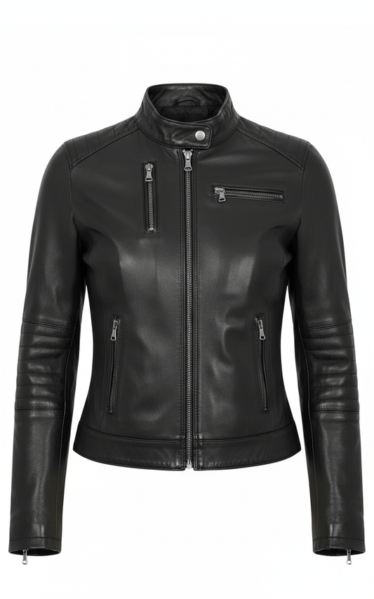 Black leather jacket with zippers on a white background