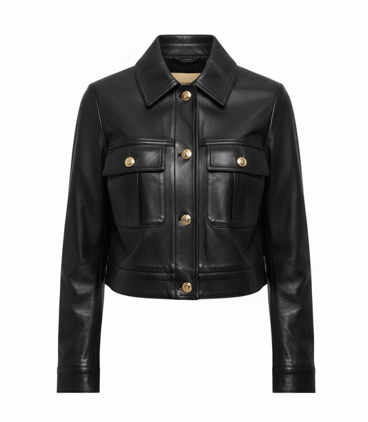 Black leather jacket with gold buttons on a white background