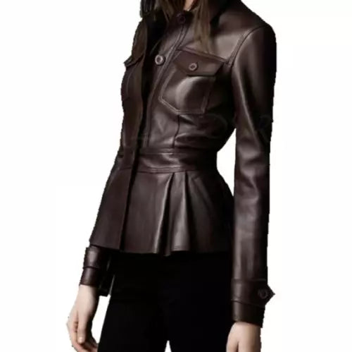 Side view of woman wearing a chocolate brown peplum leather jacket with flared hem and button details