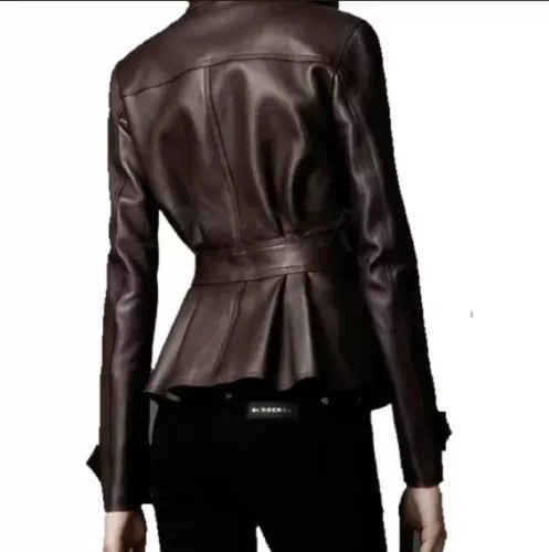 Back view of tailored brown leather peplum jacket featuring sculpted waist and flared back hem