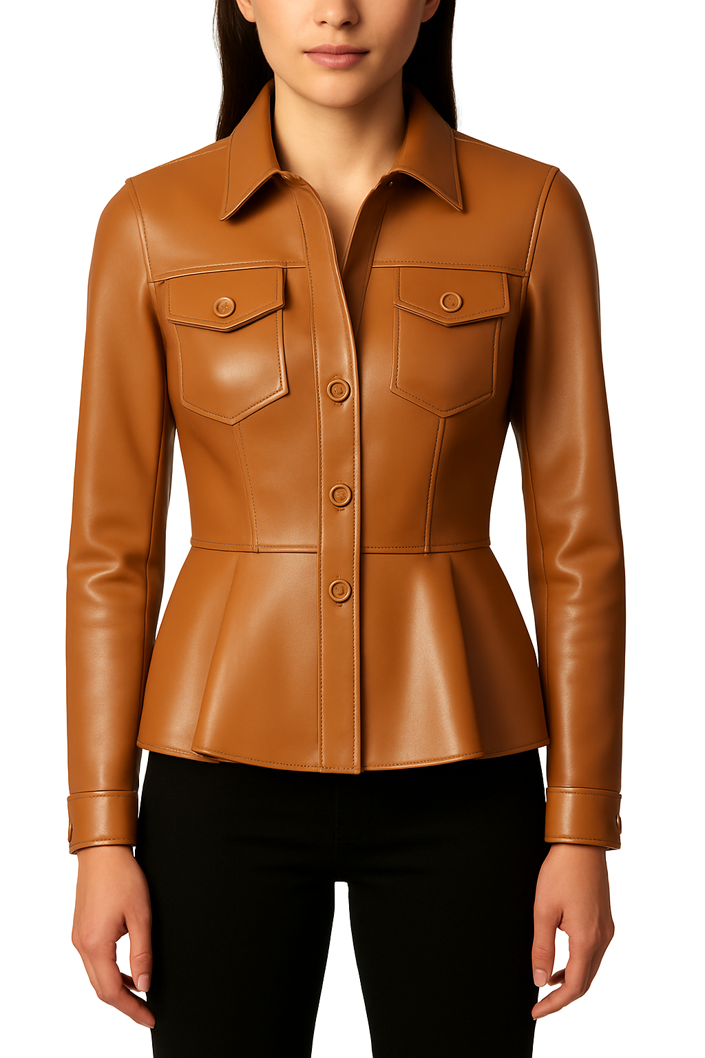Mocha Finesse – Women's Chocolate Brown Peplum Leather Jacket Luxequir Vogue