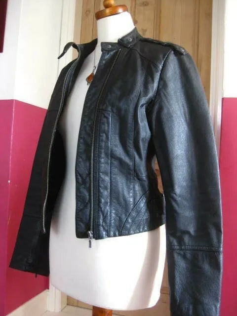 Luxequir-Leather Jacket biker racer buckles asymmetric zip Black soft real Luxequir Vogue