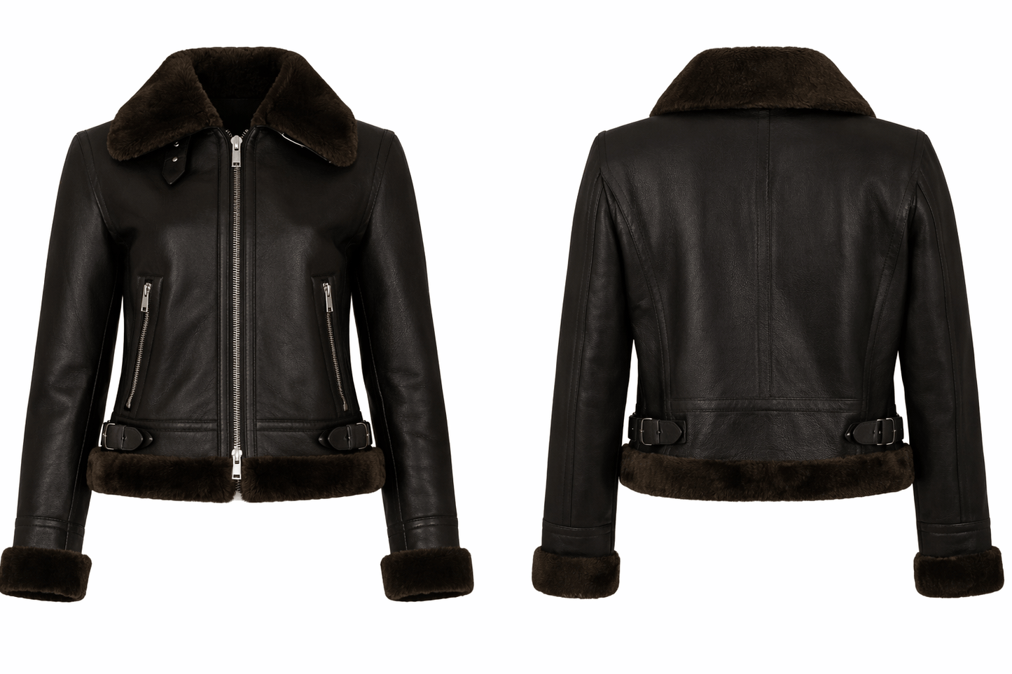 Black leather jacket with fur collar shown from front and back on a white background