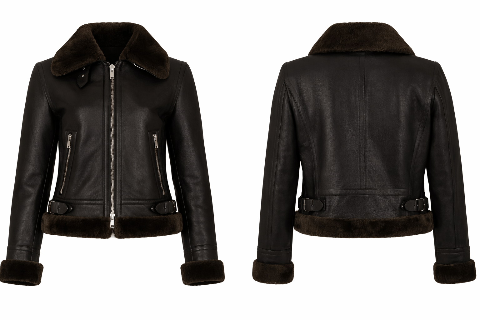Black leather jacket with fur collar shown from front and back on a white background