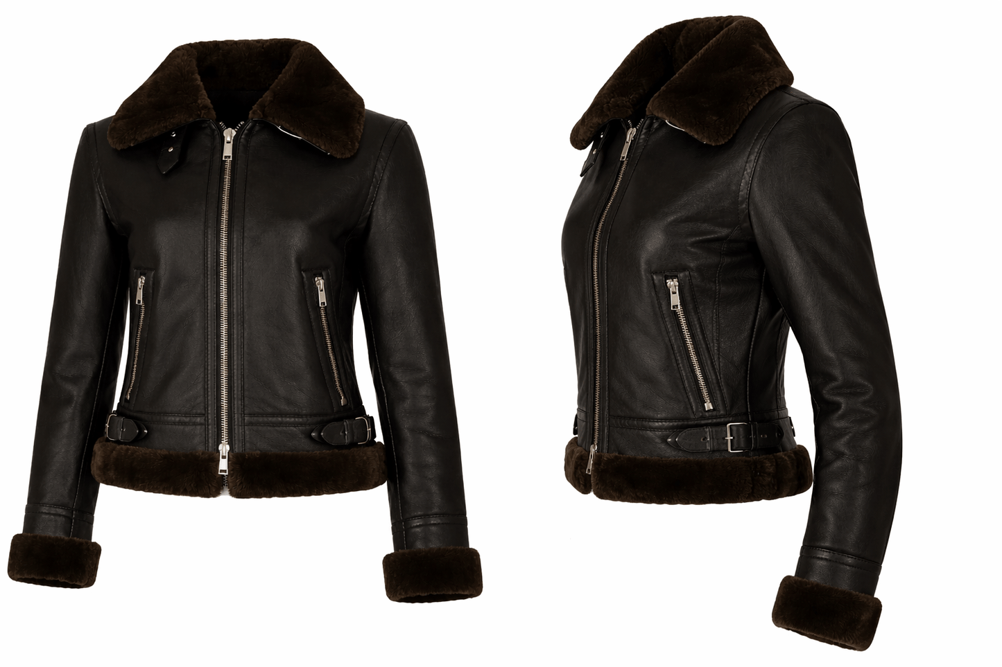 Black leather jacket with fur collar on a white background