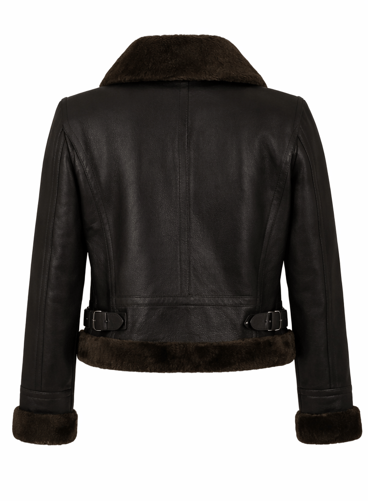 Black leather jacket with fur collar and cuffs on a white background