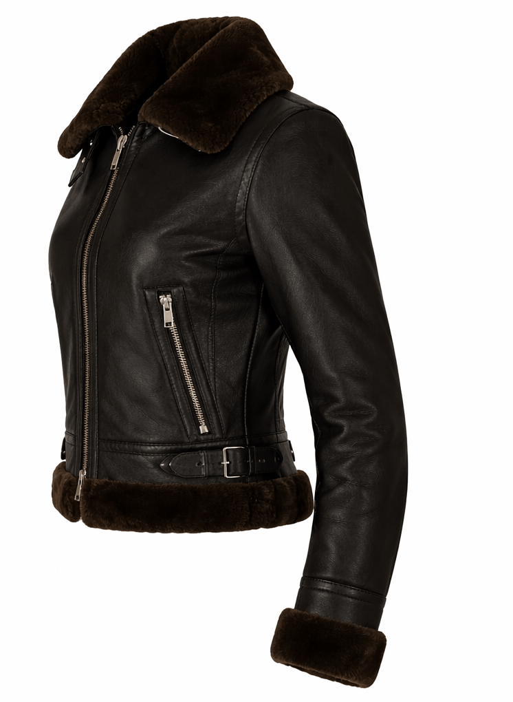 Black leather jacket with fur trim on a white background