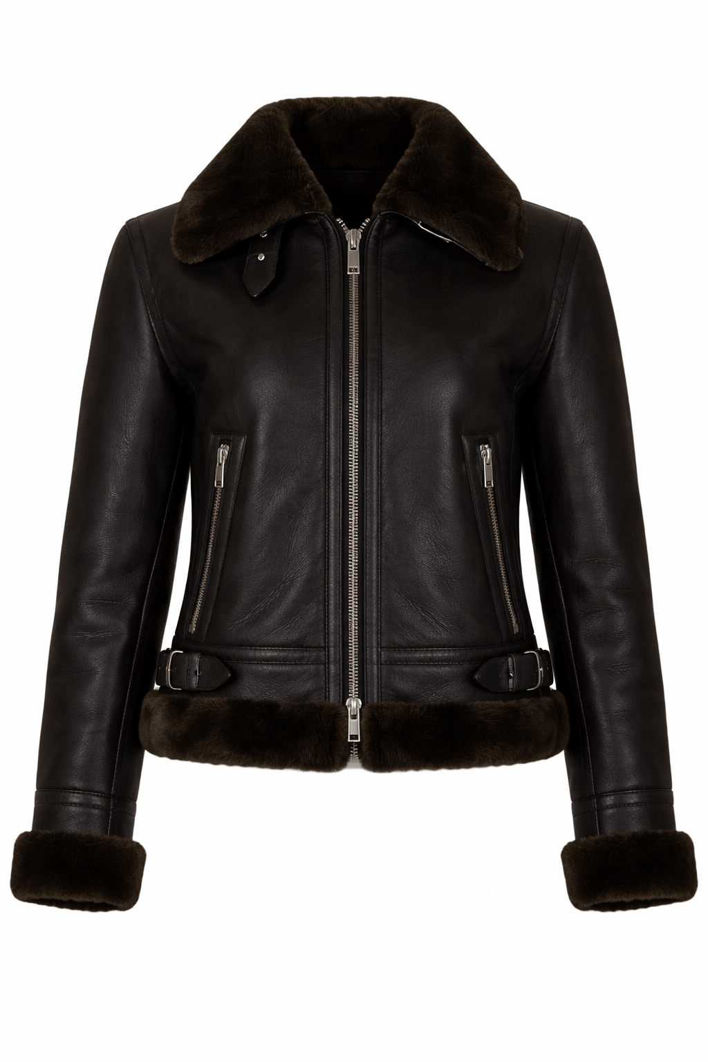Black leather jacket with fur collar and cuffs on a white background