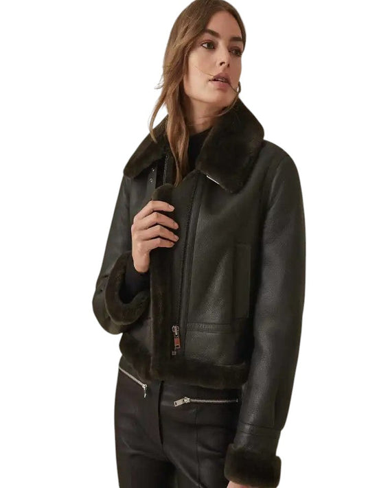Noir Haven – Women's Shearling-Lined Cropped Aviator Jacket Luxequir Vogue