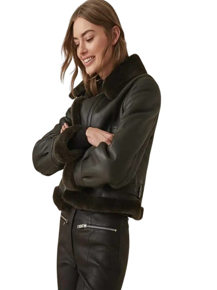 Noir Haven – Women's Shearling-Lined Cropped Aviator Jacket Luxequir Vogue